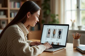 Jeune femme consultant le site Kiabi sur un ordinateur portable pour vérifier les conditions de livraison et de retour