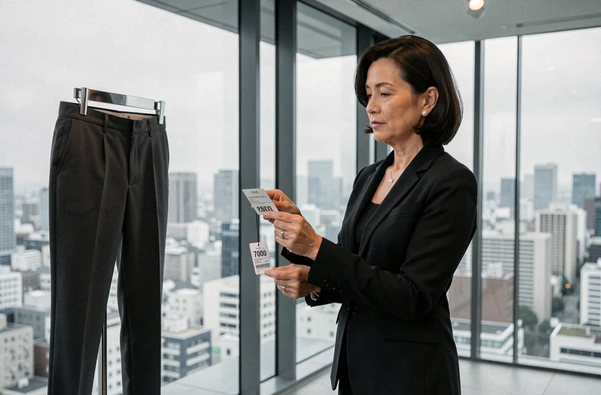 Acheteuse de mode évaluant le pantalon le plus cher du monde dans un showroom de luxe à Tokyo