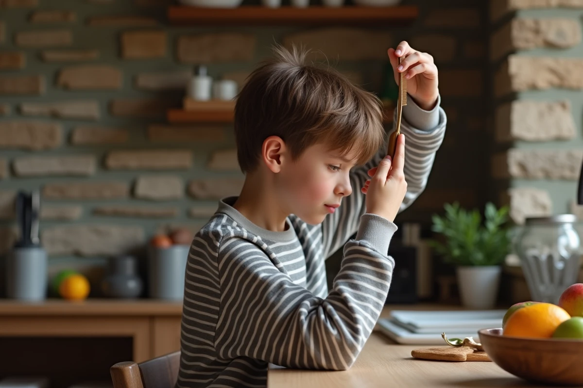 Adolescent coiffant sa casquette à la cuisine chaleureuse