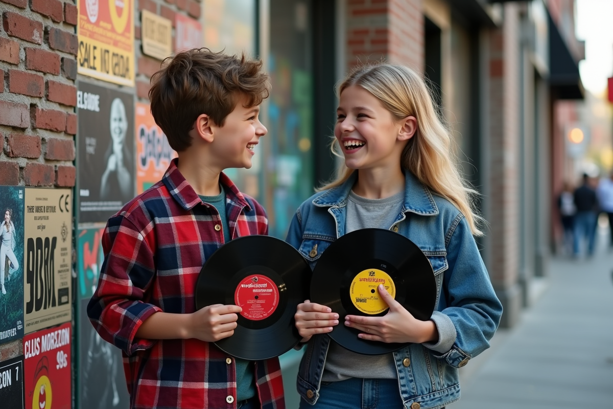 Adolescent et adolescente échangeant des disques vinyles devant un mur de posters