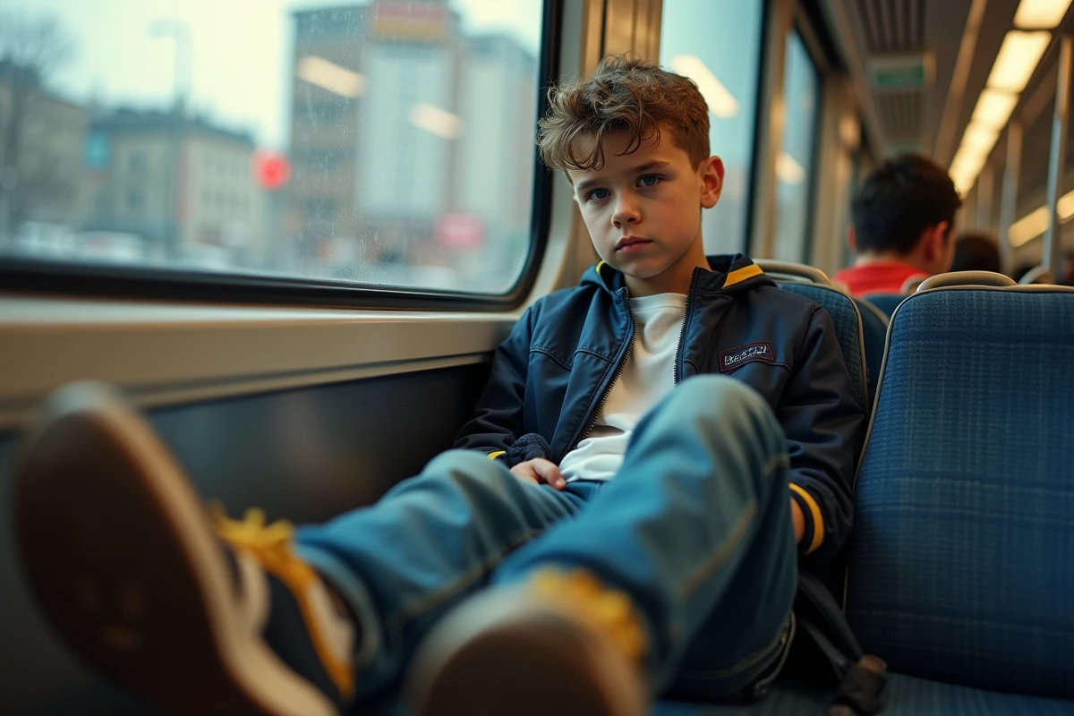 Adolescent en sneakers us&eacute;s dans un transport en commun