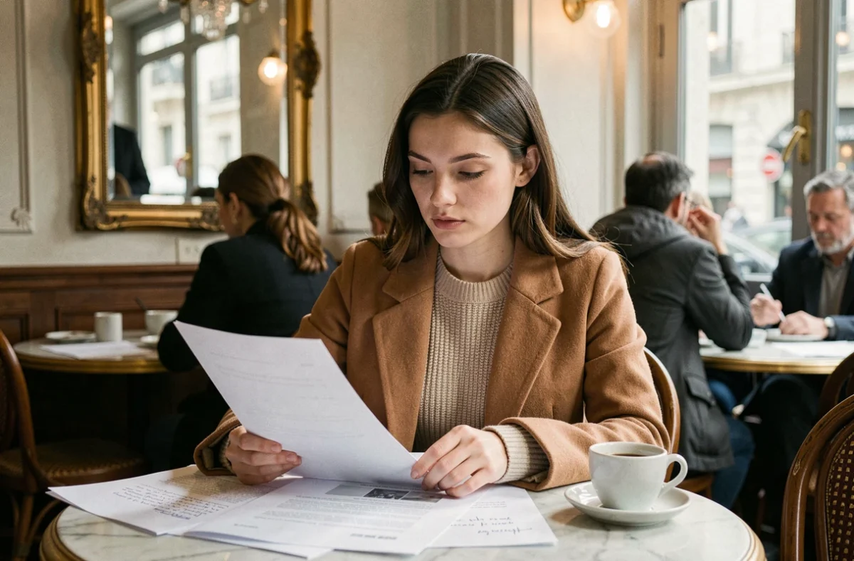Entrepreneuse digitale travaillant dans un café parisien, illustrant le quotidien professionnel d'une personnalité influente sur internet