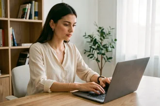 Jeune femme influenceuse travaillant sur son ordinateur portable dans un bureau moderne à domicile, incarnant le métier de créatrice de contenu en ligne