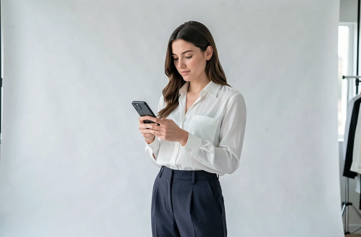 Créatrice de contenu digitale photographiée dans un studio minimaliste, consultant son smartphone pour gérer sa présence sur les réseaux sociaux