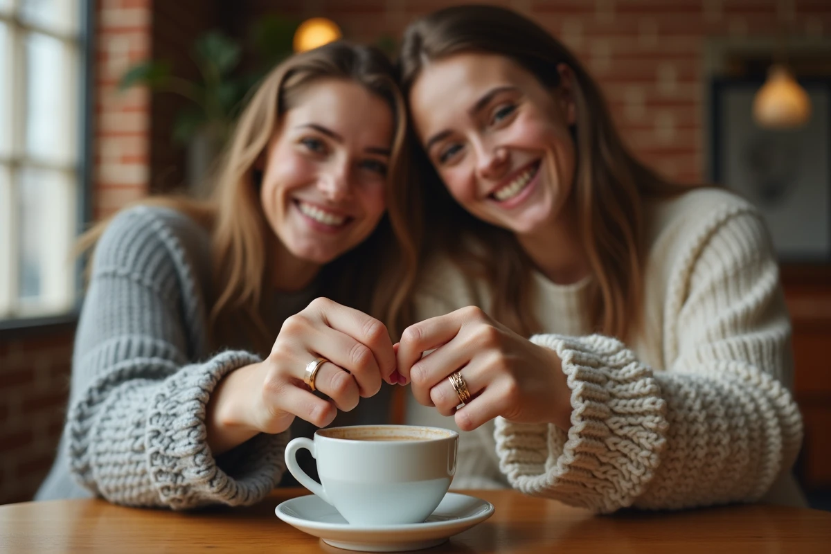 Deux amies portant des bagues cœur magnétique BFF assorties, démontrant la connexion magnétique dans un café chaleureux