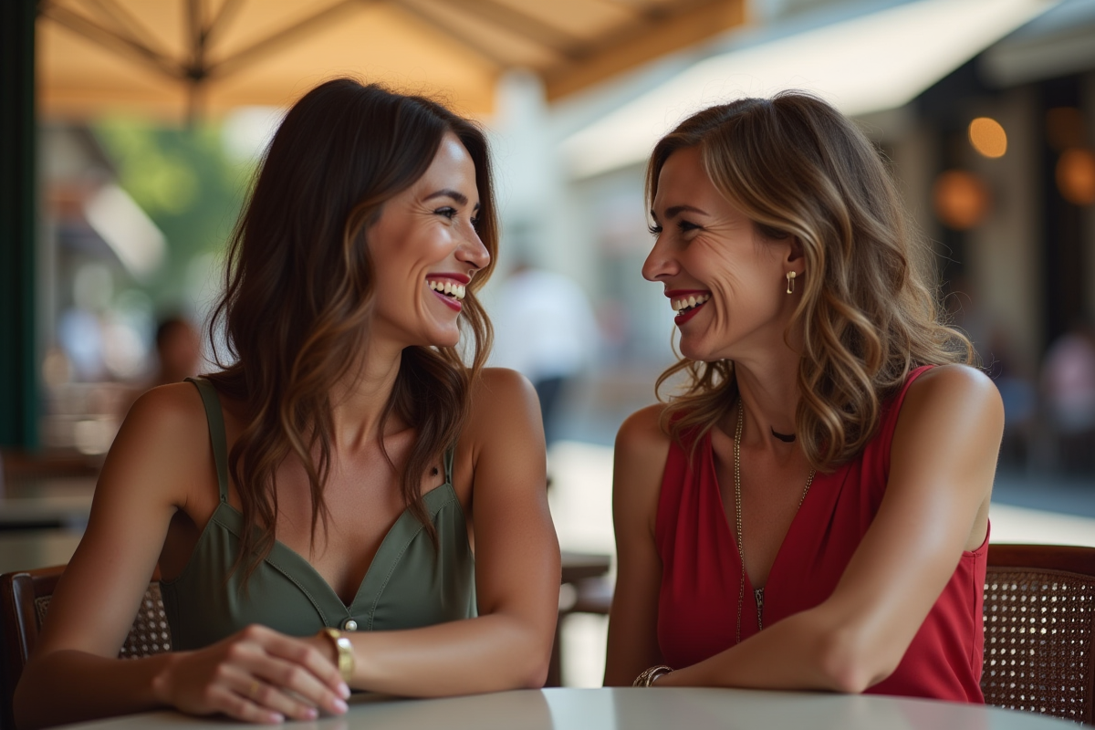 Deux femmes rient avec rouge à lèvres dans un café en plein air