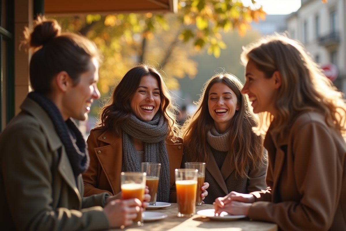 Groupe d amis riant à une terrasse de café en automne