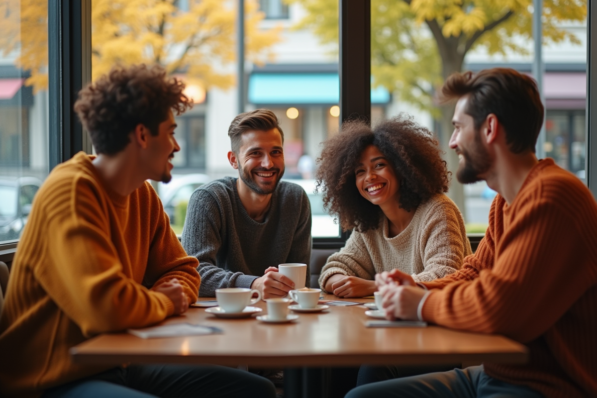 Groupe d amis dans un café avec pulls oversize