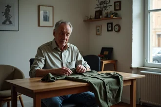 Vétéran militaire français pliant son uniforme dans un intérieur calme