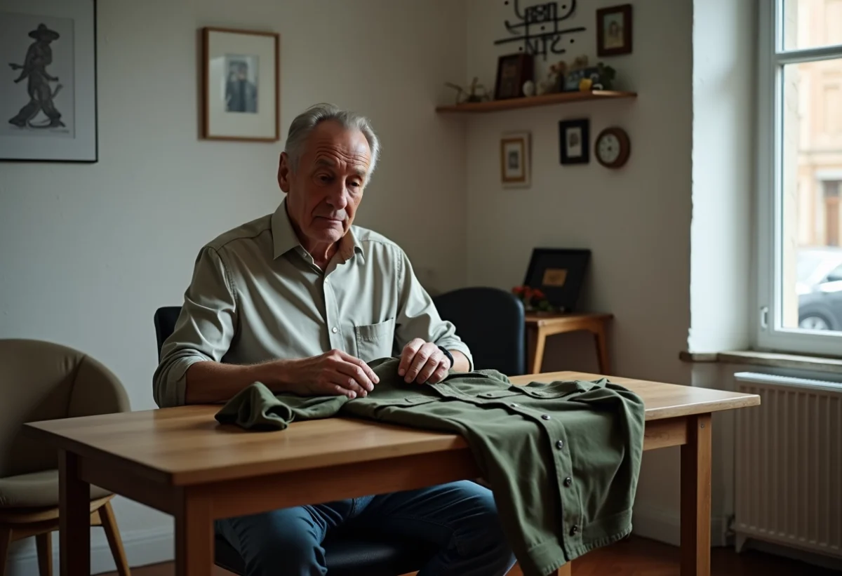 Vétéran militaire français pliant son uniforme dans un intérieur calme
