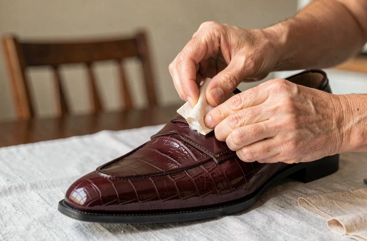 Mains appliquant un baume de réparation sur un mocassin bordeaux vernis craquelé lors d'une restauration de chaussures à domicile