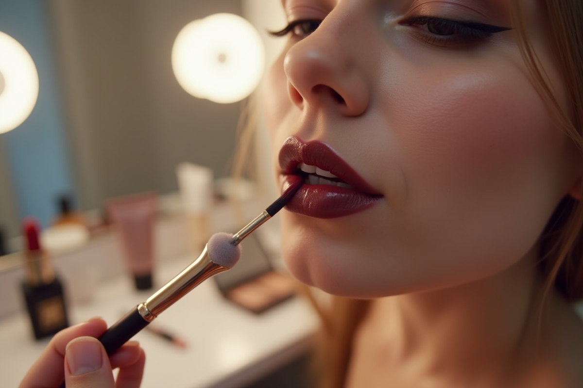 Application de rouge a levres fonce sur un visage