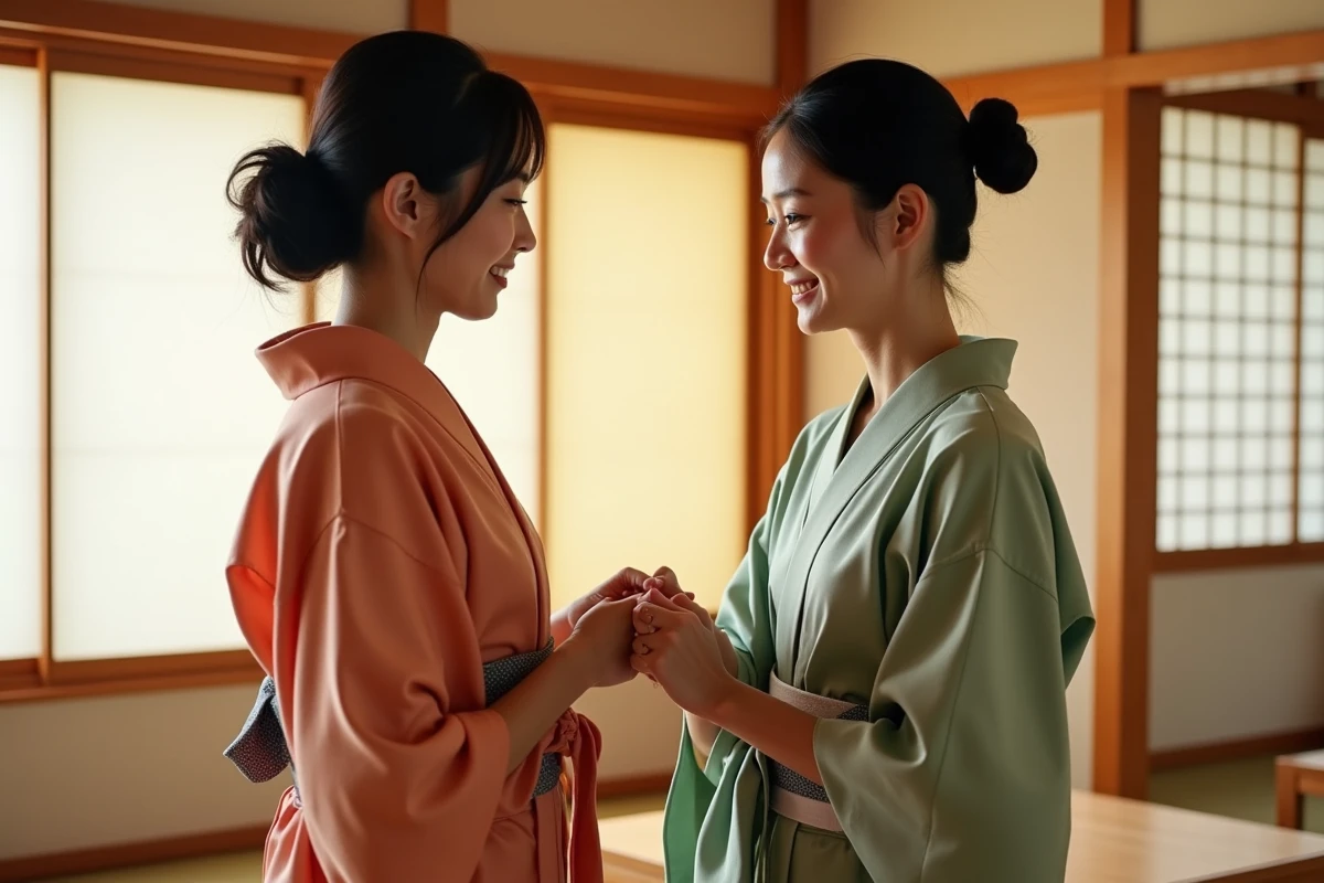 Deux femmes apprenant ensemble à nouer correctement l'obi d'un yukata japonais dans une pièce tatami traditionnelle, échange culturel respectueux