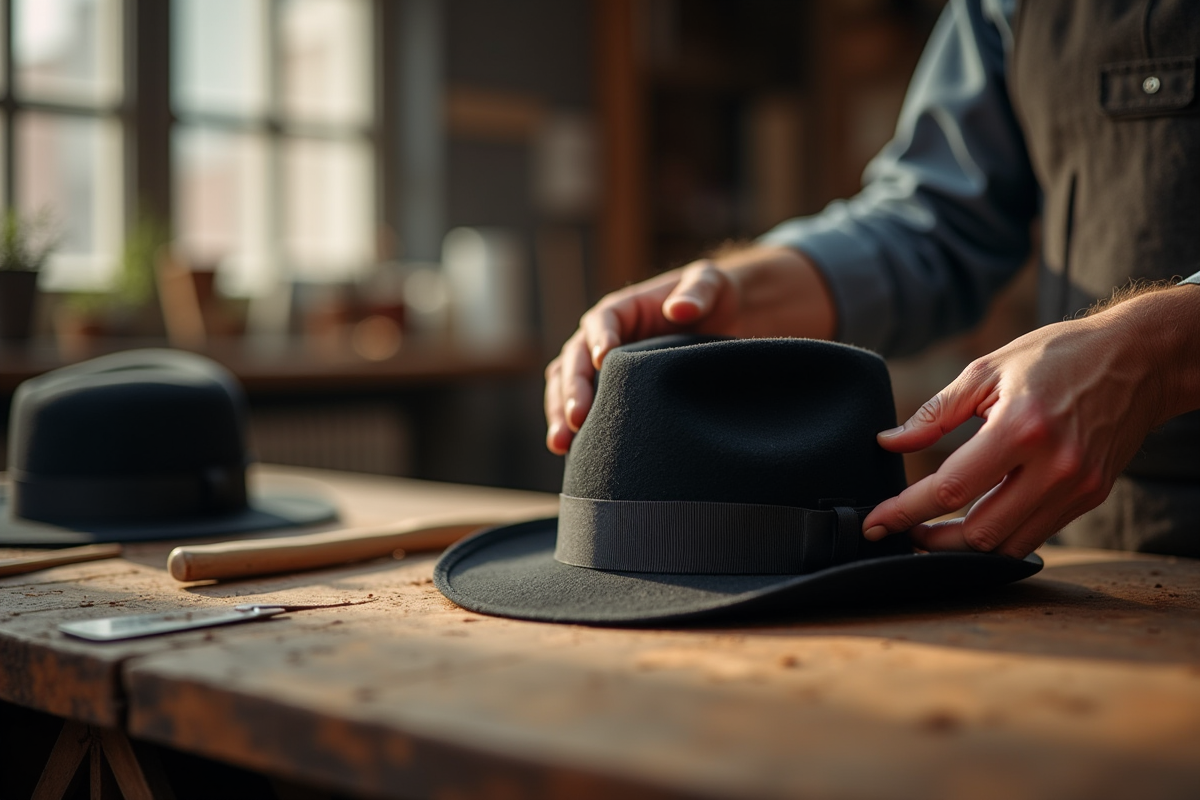 Artisan façonnant un chapeau en feutre sur un établi