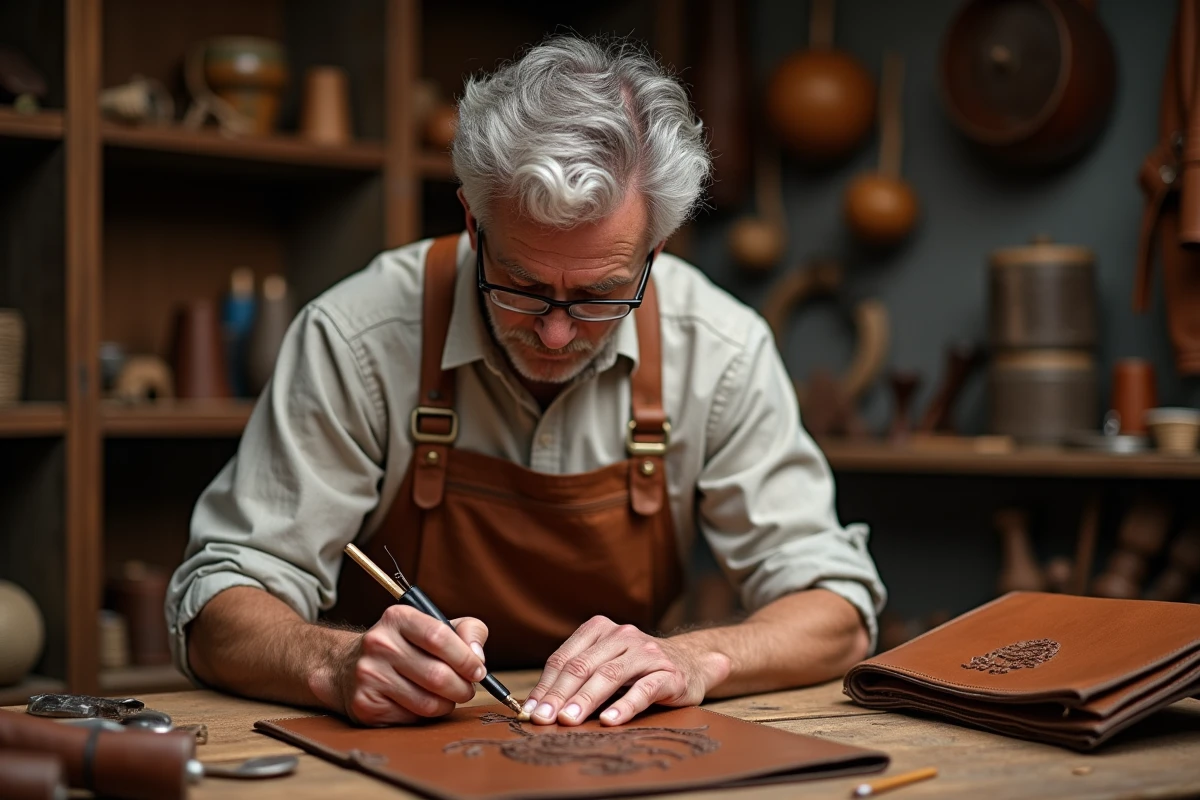 Artisan embossant un logo sur un sac en cuir dans son atelier