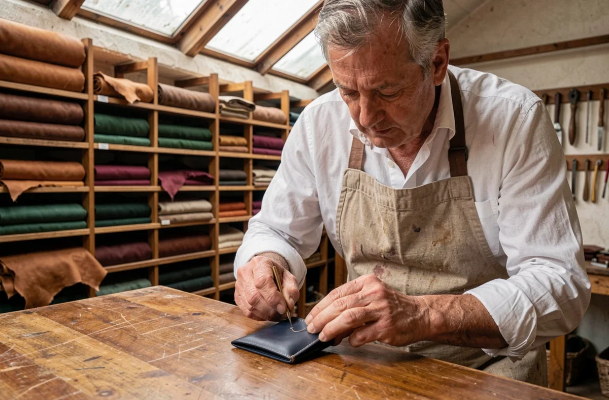 Artisan maroquinier parisien cousant à la main un portefeuille en cuir dans un atelier de luxe traditionnel