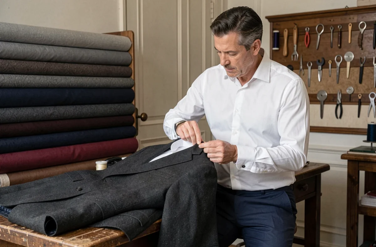 Tailleur d'Artling cousant à la main un costume sur mesure dans son atelier parisien