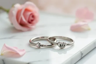 Deux bagues cœur magnétique BFF en argent posées sur marbre blanc, détail de la qualité du mécanisme magnétique et de la gravure
