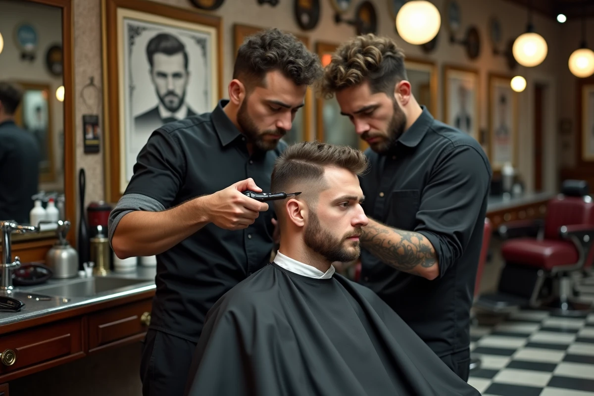 Barbier réalisant un dégradé espagnol sur un client aux cheveux fins dans un salon de coiffure classique