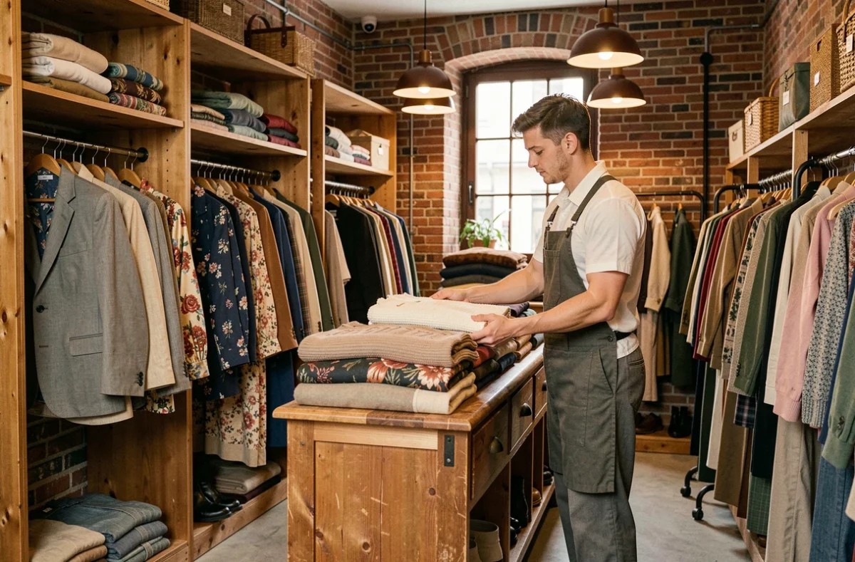 Intérieur soigné de la boutique Be Bop Vintage à Lille avec des pièces sélectionnées sur des portants en fer