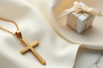 Pendentif croix en or 18 carats posé sur satin blanc avec boîte cadeau pour baptême