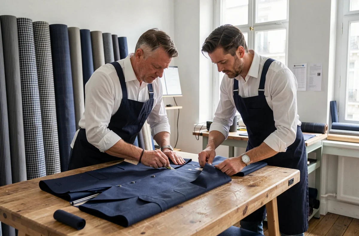 Les taileurs de Blandin et Delloye travaillant ensemble sur une coupe de costume sur mesure dans leur atelier parisien