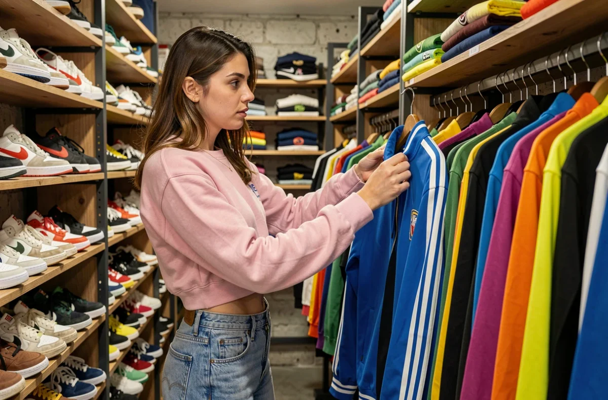 Jeune femme parcourant des vêtements sportswear vintage dans la boutique Bon Chic Bonne Fripe à Lille