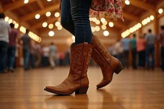 Femme portant des bottes cowboy en cuir avec broderies florales lors d'une soirée de danse country sur piste en bois