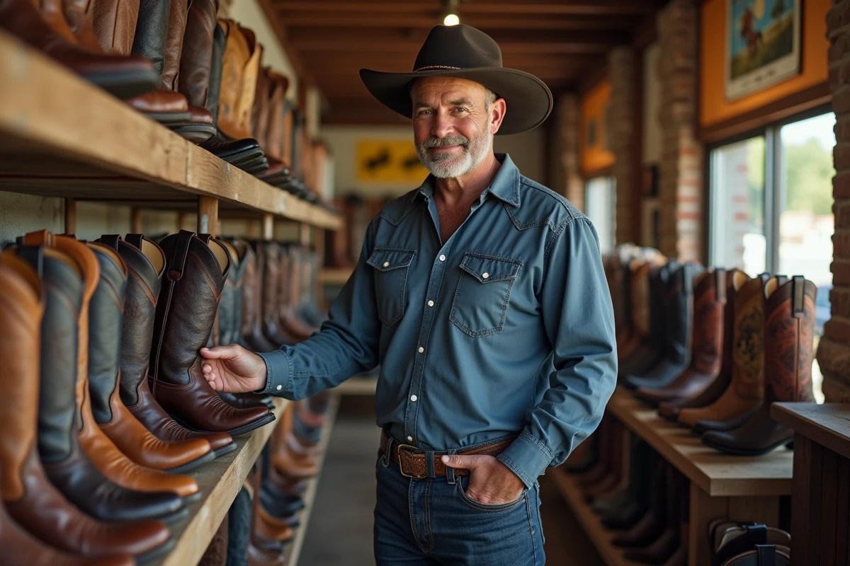 Homme examinant une botte cowboy style roper dans une boutique Western authentique aux étagères en bois et murs en brique
