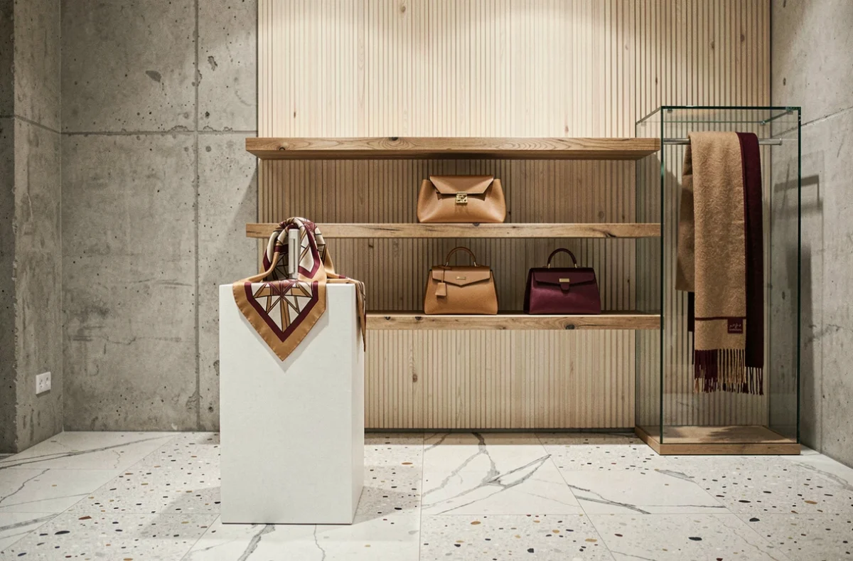 Intérieur de boutique de luxe française minimaliste avec accessoires en cuir, soie et cachemire exposés sur des présentoirs en bois et béton