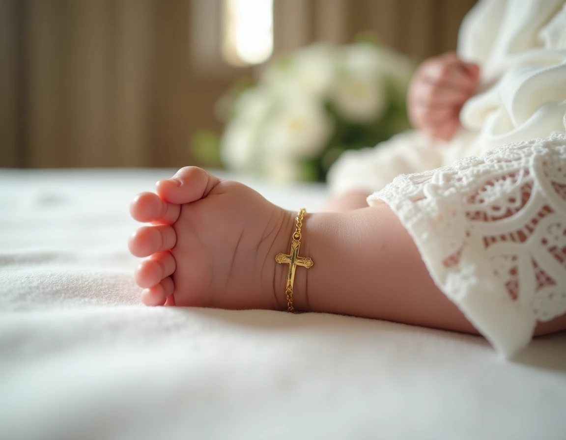 Bracelet croix en or sur poignet de bébé en tenue de baptême dans une église