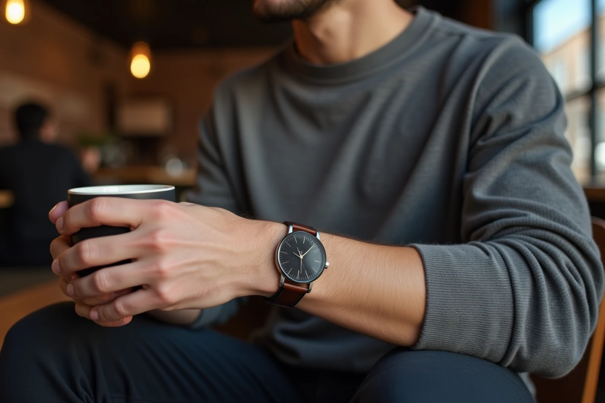 Homme élégant avec un stack de bracelets fins en cuir noir et cognac associés à une montre minimaliste dans un café urbain
