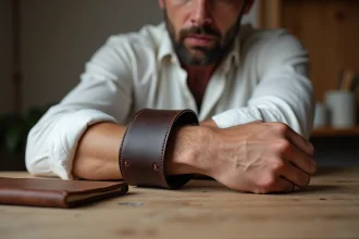 Homme portant un large bracelet de force en cuir marron foncé sur un bras posé sur une table en bois, style artisan minimaliste