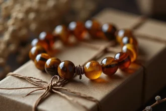Bracelet homme en oeil du tigre posé sur une boîte cadeau en bois rustique avec décoration naturelle