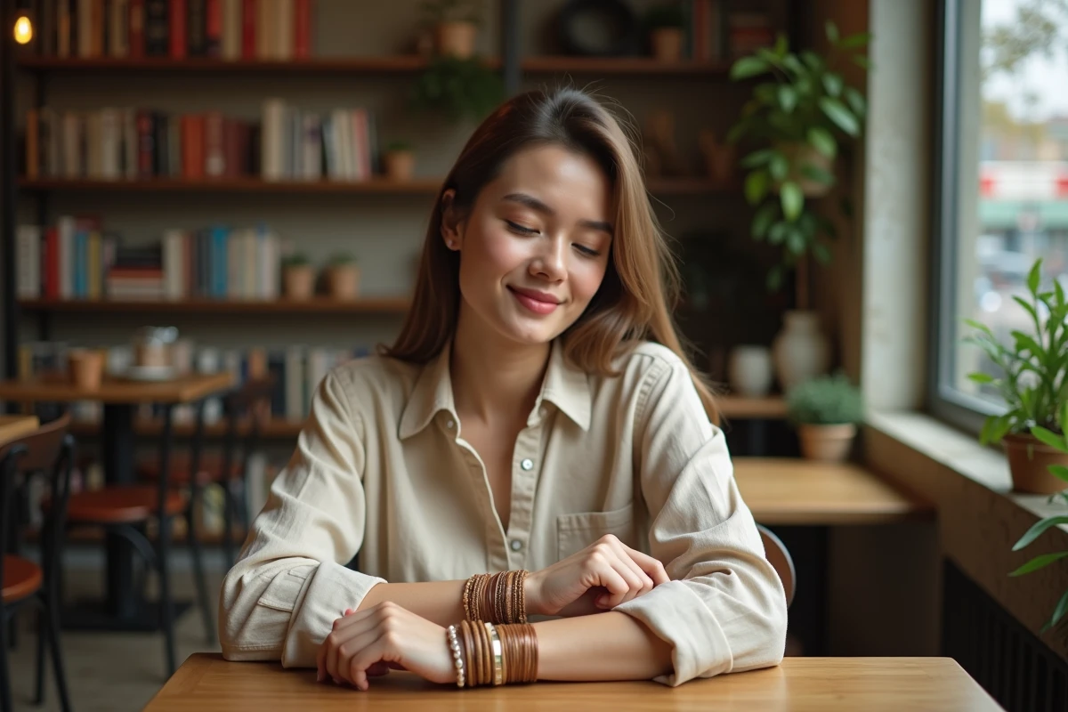 Femme portant bracelets en lin dans un café cosy