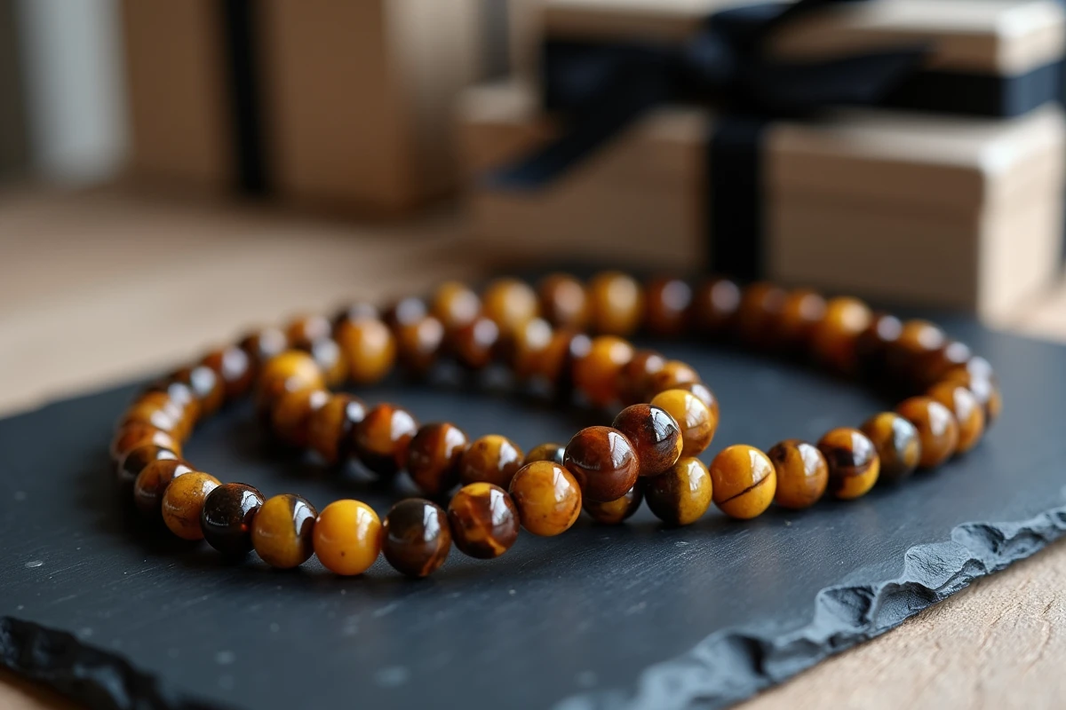 Deux bracelets en oeil du tigre présentés sur ardoise avec carte cadeau dans une boutique de bijoux