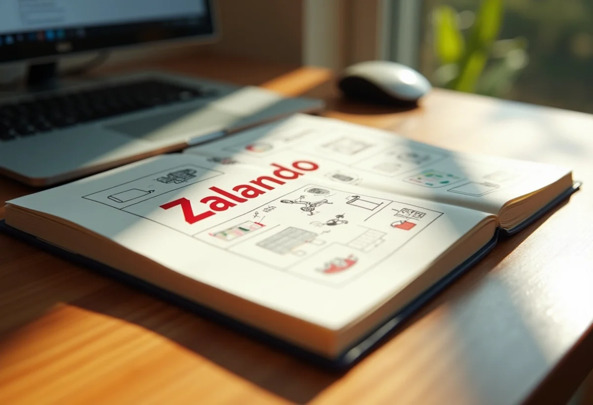 Carnet ouvert avec notes Zalando sur bureau lumineux