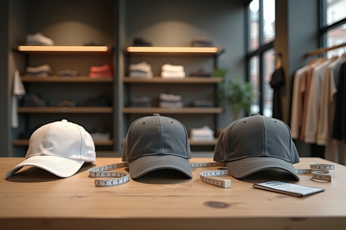 Table de magasin avec trois casquettes de tailles différentes et un mètre ruban pour illustrer le guide de mesure de taille de casquette