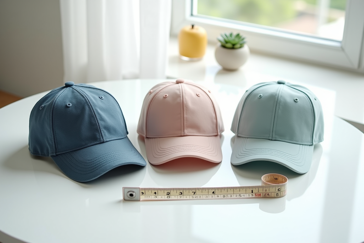 Trois casquettes de tailles et couleurs differentes avec un mètre ruban