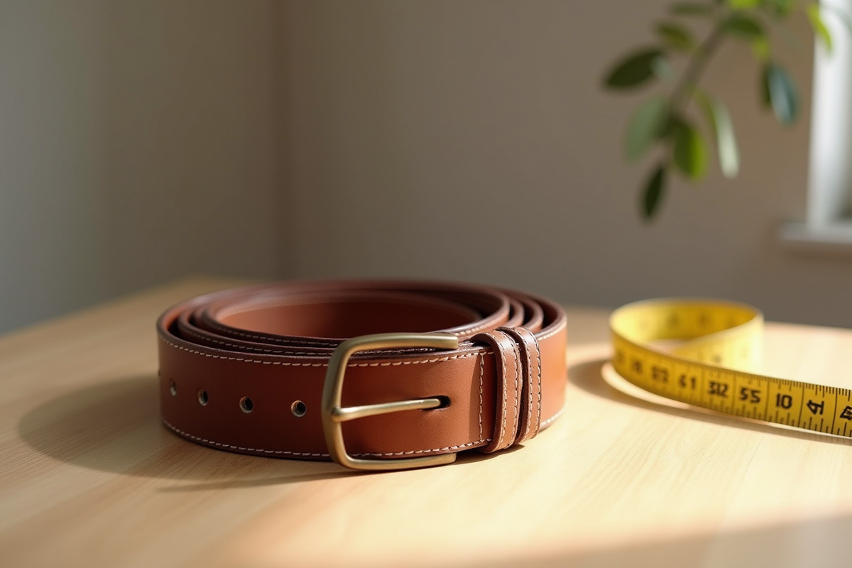 Ceinture en cuir enroulée avec mètre ruban sur table en bois clair