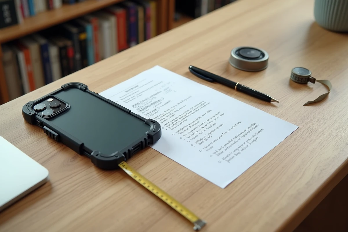 Vue de dessus d'un iPhone 15 Pro dans une coque militaire avec check-list d'achat annotée sur un bureau en bois