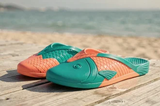 Claquettes en forme de poisson posées sur une promenade en bois au bord de la mer, modèles tendance 2026