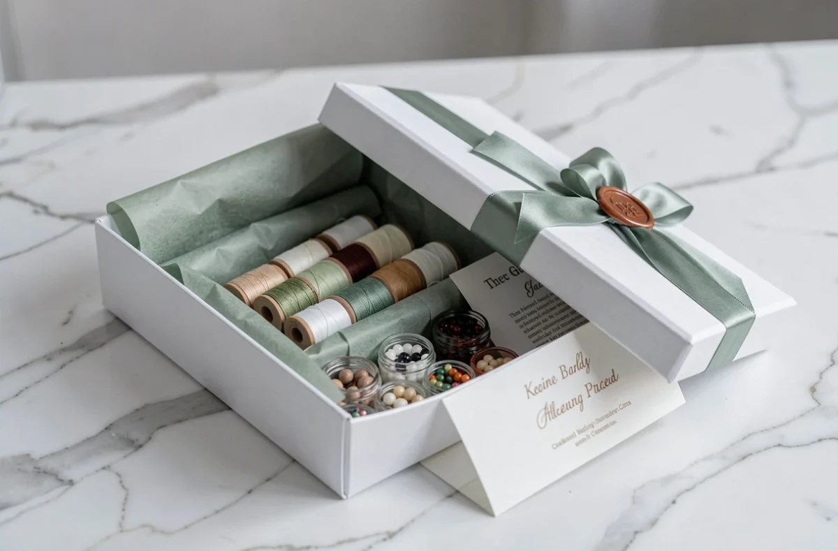 Coffret cadeau premium ouvert présentant des fils de bracelets, perles en pot en verre et carte d'instructions sur marbre blanc