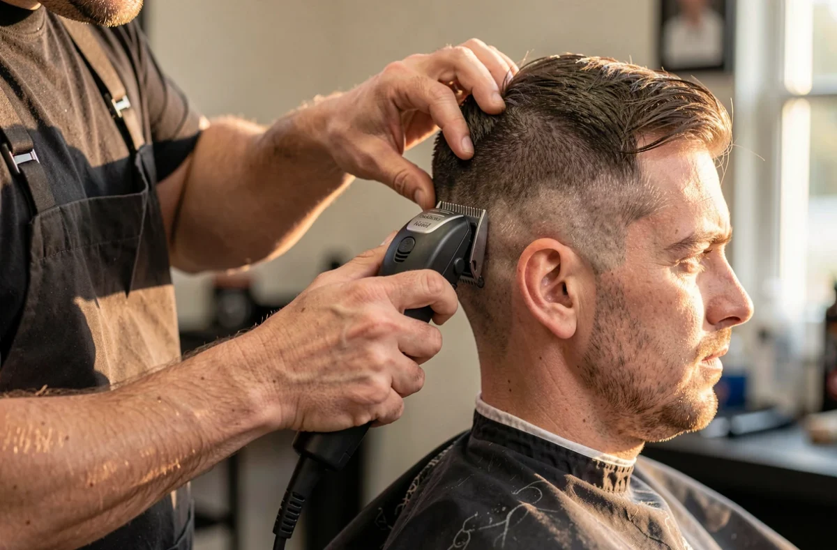 Coiffeur passant la tondeuse sur les côtés d'une coupe courte