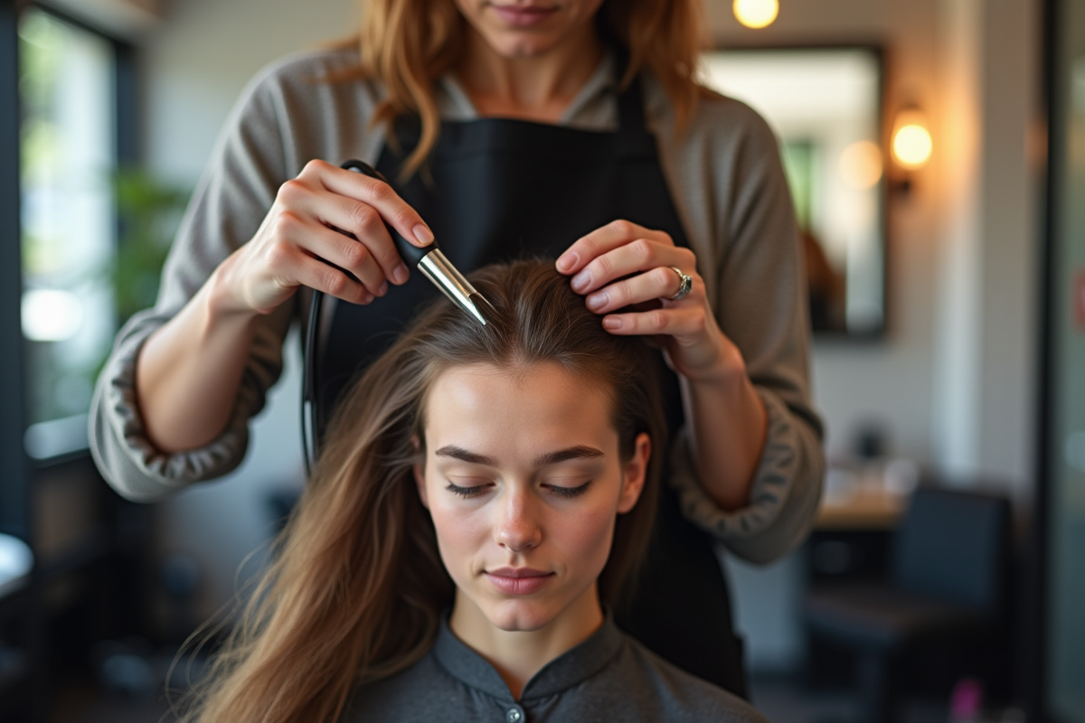 Coiffeur professionnel stylisant les cheveux dans un salon lumineux