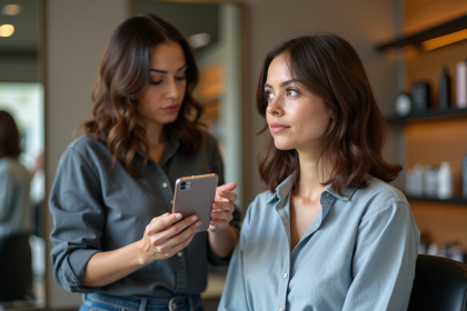 Coiffeuse professionnelle conseille une cliente dans un salon moderne