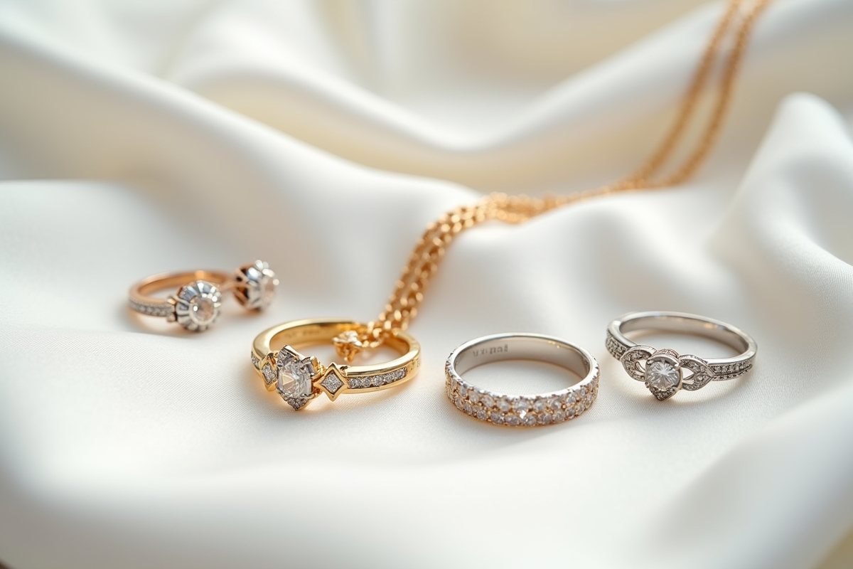 Sélection de bijoux en or et platine sur un tissu blanc