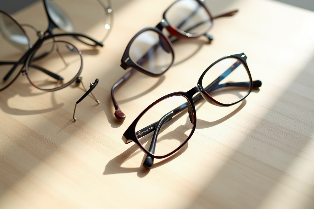 Collection de lunettes de mode sur surface en bois clair