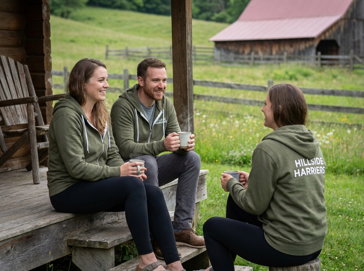Trois collègues en hoodies personnalisés assis sur le porche d'un chalet lors d'un séminaire d'intégration