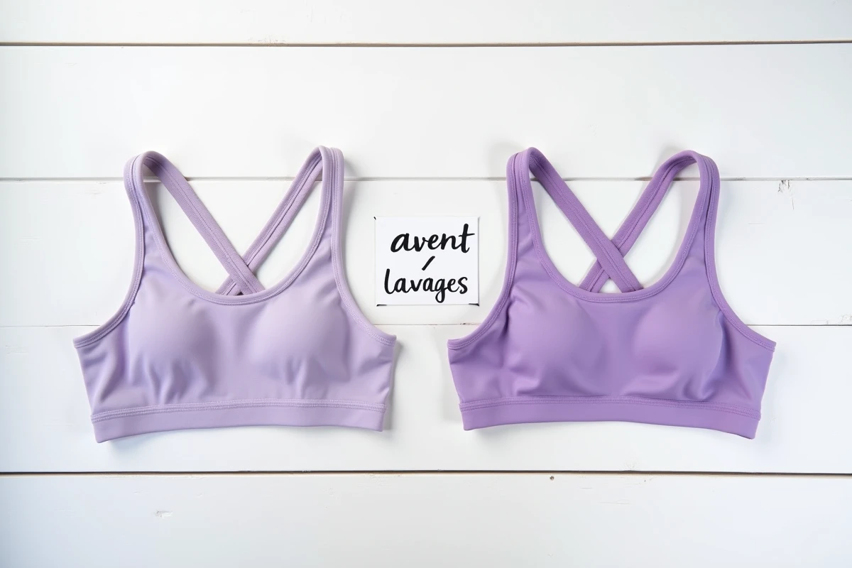 Comparaison côte à côte d'un brassière Halara avant et après plusieurs lavages en machine, vue de dessus